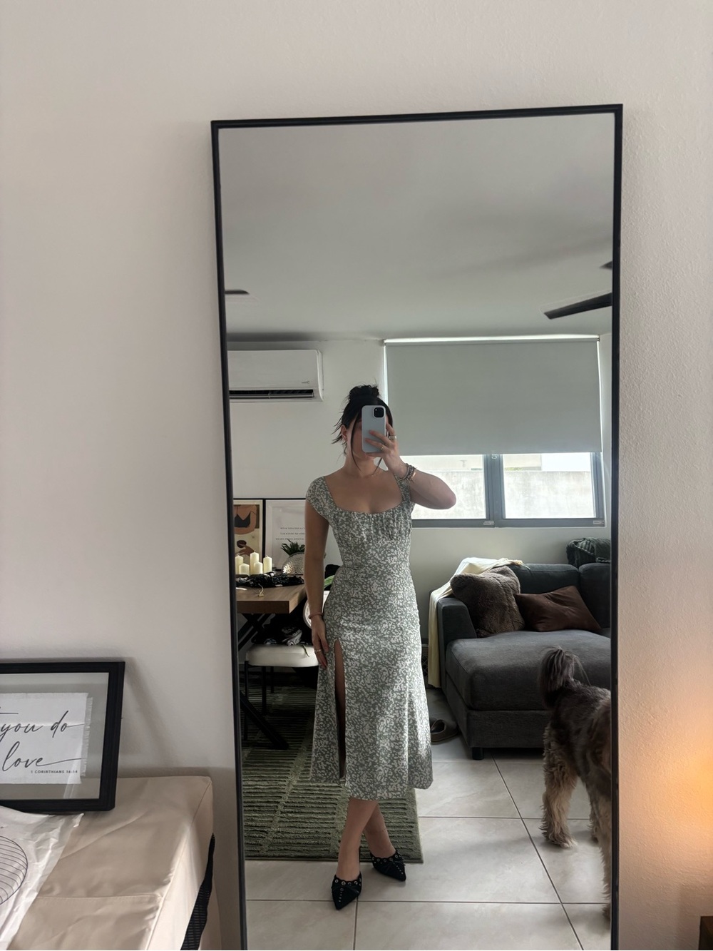 Abercrombie & Fitch Sage Green Floral Midi Dress with Side Slit